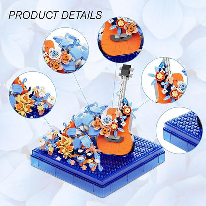 Guitar Mini Building Block Sets with Colorful Flower Decor, Micro Building Sets with Dust Cover,Gift for Girl,Lover,Mother, Home Office Decor Kit Suit for Kids and Adult Aged 8+(Guitar)