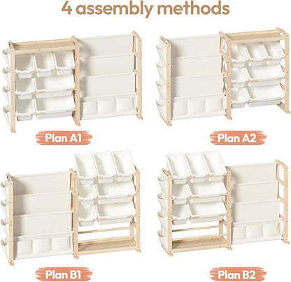 Fodoss Book Shelf for Kids Rooms - Toy Storage Organizer with Bookshelf, Solid Wood Kids Bookshelf with 7 Bins, Side Storage Pockets, Large Toy Organization for Nursery, Natural Pine