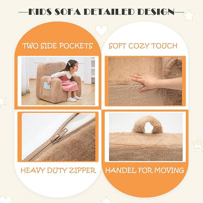 Snuggly-Soft Cuddly Toddler Plush Armchair for Boys and Girls Fuzzy Plush Kids Sofa Couch Reading Chair with Children Friendly Handle for Easy Movement & Double Pockets for Good Storage, Camel