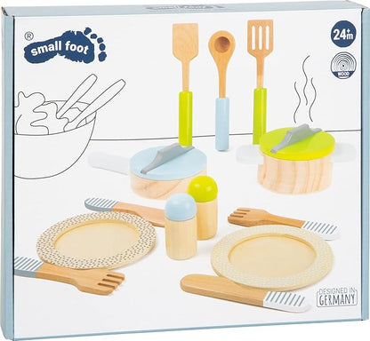 small foot wooden toys- Premium 15 Piece Kitchen Playset- Cooking and Dining Set Includes Pots, Plates and Utensils- Ideal for Toddlers 2+, Multi, (11098)