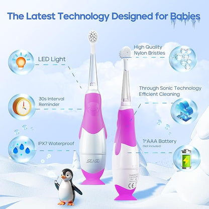 SEAGO Toddler Electric Toothbrushes for Baby Ages 0-3 Years, Baby Toothbrush with Smart Timer and Suction Base, 4 Replacement Brushheads (Purple-C)