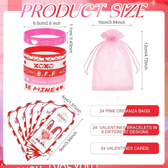 Liliful 24 Set Valentine's Day Classroom Gifts for Kids, 24 Pink Red Love Heart Silicone Wristbands with Cards and Organza Bags for Students Exchange Gift Valentine Party Favors Goodie Bag Stuffers