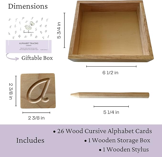Montessori Cursive Wooden Alphabet Tracing | Preschool Learning Letter Tracing | ABC Flash Cards | Double Sided Uppercase and Lowercase | Includes Storage Box and Stylus Pen | Set of 26 Pieces