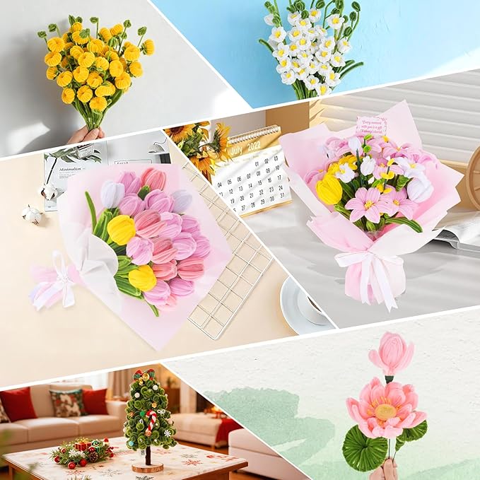 600PCS Pipe Cleaners Craft, Pipe Cleaner Bulk Flower Kit, 6 Colors Chenille Stems Flower Making Kit with Floral Wires, Gardening Tape, Stamen, Floral Wrapping Paper & Ribbon for Art and Craft Supplies