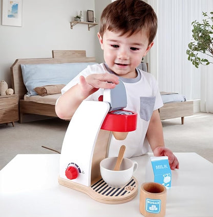 Hape Wooden White Coffee Maker Kitchen Set with Accessories| Pretend Play Toy Set for Kids Ages 3 Years & Up