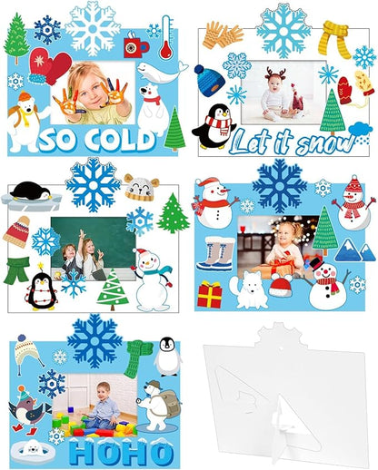 30 Pack Winter Craft for Kids Winter Picture Frame with Easel DIY Holiday SnowFlake Christmas Paper Art Crafts Kit with Stand Cardboard Photo Frames Bulks Game Acticvity for Kindergarten Preschool Kid