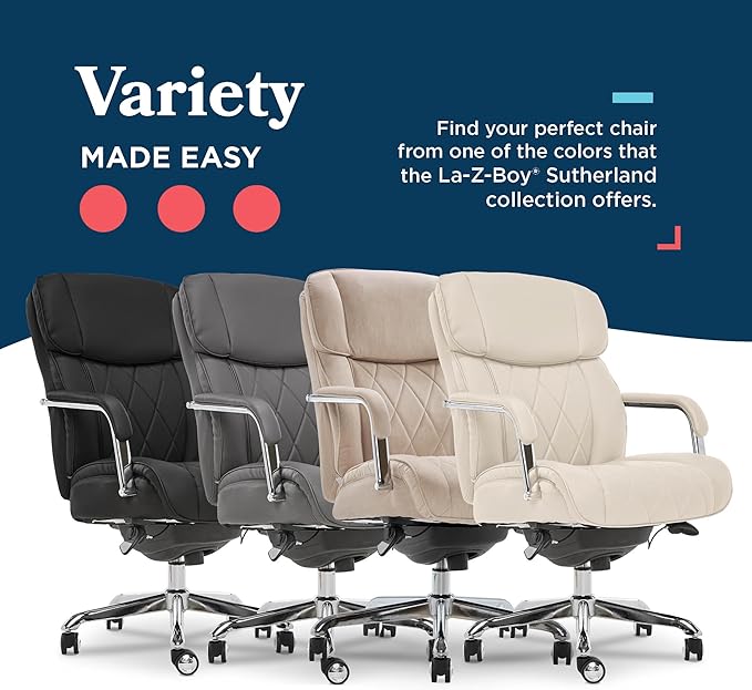 La-Z-Boy Sutherland Quilted Leather Executive Office Chair with Padded Arms, High Back Ergonomic Desk Chair with Lumbar Support, Grey Bonded Leather