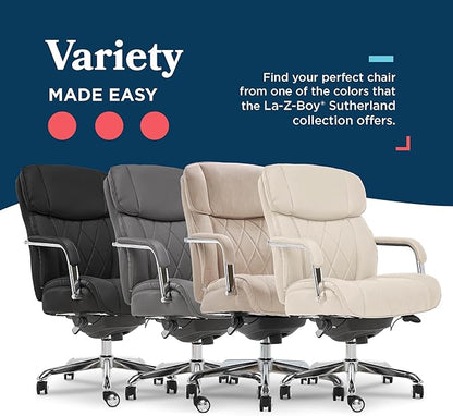 La-Z-Boy Sutherland Quilted Leather Executive Office Chair with Padded Arms, High Back Ergonomic Desk Chair with Lumbar Support, Grey Bonded Leather