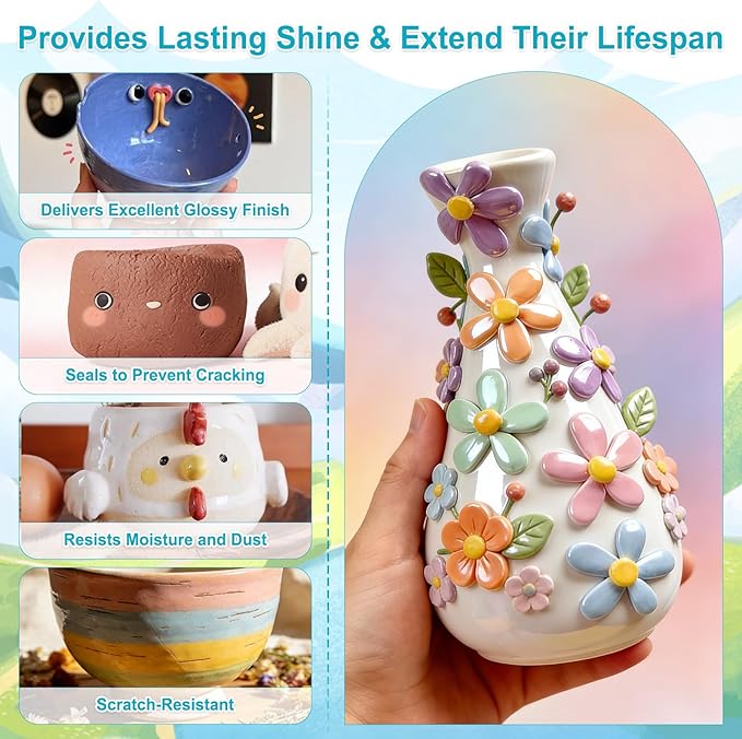 Lezmarket 200ml Air Dry Clay Glaze and 48 Pcs Clay Tools Kit, Provide Gloss Finish, Gloss Varnish Protects Clay from Surface Wear, Pottery Tools Can be Used for Sculpting, Molding Clay Crafts