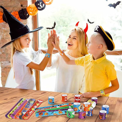 Halloween Party Favors for Kids, 48 PCS Halloween Slap Bracelets Assorted Bulk Party Decorations, Snap Bracelet Wristbands for Kids Print with Spider Pumpkin Ghost Print Halloween Treats Supplies