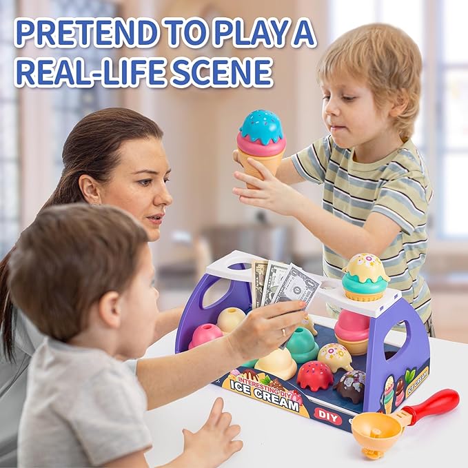 Ice Cream Toy Play Set for Kids, 41Pcs Toddler Ice Cream Shop Cart Truck, Birthday Christmas Easter Toys Gift for 3 4 5 6 Year Old Girl Boy, Pretend Play Grocery Store Kitchen Food Accessories
