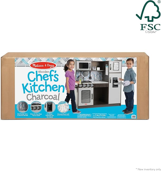 Melissa & Doug Wooden Chef’s Pretend Play Toy Kitchen With “Ice” Cube Dispenser – Charcoal Gray - Kitchen Play Set For Toddlers And Kids Ages 3+