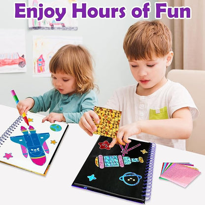 Foil Art Craft Activity for Kids: Fun DIY Toy Sticker Kit, No Mess Creative Travel Supply Set, Idea Birthday Easter Basket Stuffers Valentines Gift for Girl Boy Toddler 4 5 6 7 8 9 Year Old（Space）