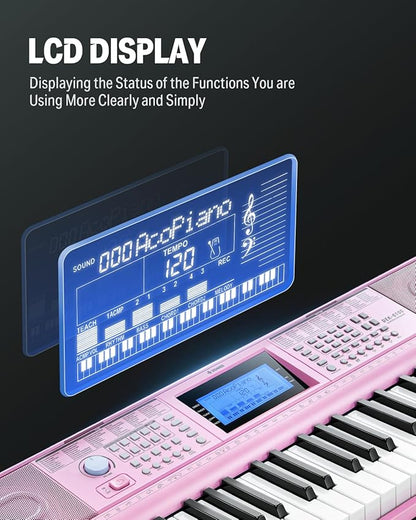 Donner 61 Key Keyboard Piano, Electric Piano Keyboard Kit with 249 Voices, 249 Rhythms - Includes Piano Stand, Stool, Microphone, Gift for Beginners, Pink (DEK-610S)