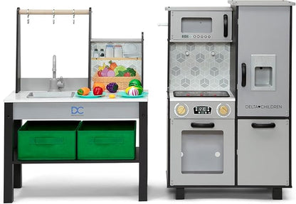 Delta Children Gourmet All-in-One Corner Play Kitchen - Toy Kitchen Playset with Safe & Heatless Stove with Lights, Oven, Sink, Fridge/Freezer with Ice Maker and 20 Accessories, Grey