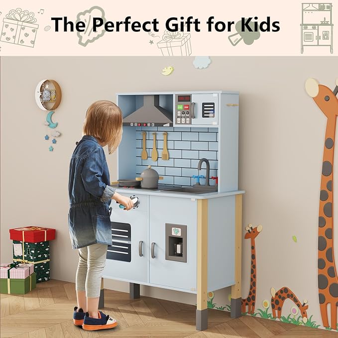 Play Kitchen for Kids, Wooden Kitchen Playset with Fruit Set, Light, Stove, Sink and Accessories, Interactive Toy Kitchen Gift for Boys Girls, Blue