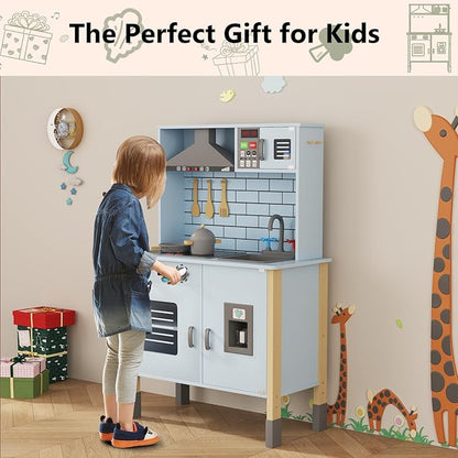 Play Kitchen for Kids, Wooden Kitchen Playset with Fruit Set, Light, Stove, Sink and Accessories, Interactive Toy Kitchen Gift for Boys Girls, Blue