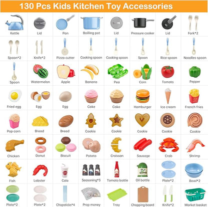 130Pcs Kitchen Playset, Toddler Pretend Cooking Play Pots, Pans, Utensils Cookware, Daily Food Fruit Veges, Shopping Storage Basket, Dessert, Prop Money, Learning Gift for Child (Blue)