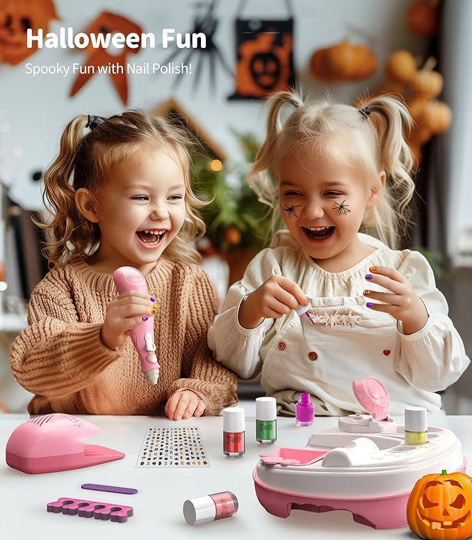 Geyiie Nail Polish Set Toys Nail Stickers, Nail Art Kits with Nail Dryer Glitter Pen for Girls, DIY Manicure Decoration Spooky Nail Decals Gifts