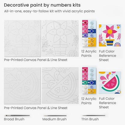 Arteza Kids Paint by Numbers Kit, 10 x 10 Inches, Decorative Pre-Printed Canvas Painting Kit with 2 Canvases, 24 Acrylic Paint Pots, 3 Paintbrushes