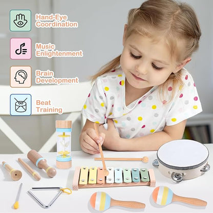 Wooden Montessori Musical Instruments Set for Toddlers 1-3, Preschool Educational Music Toys for Boys Girls, Percussion Instruments Toy with Storage Bag