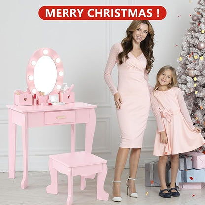 Kids' Vanity Set with Mirror and Light, Makeup Table and Stool for Girls, Vanity Table and Chair Set with Wood Makeup Playset for 4-9 Girls, Pink （Batteries Not Included）