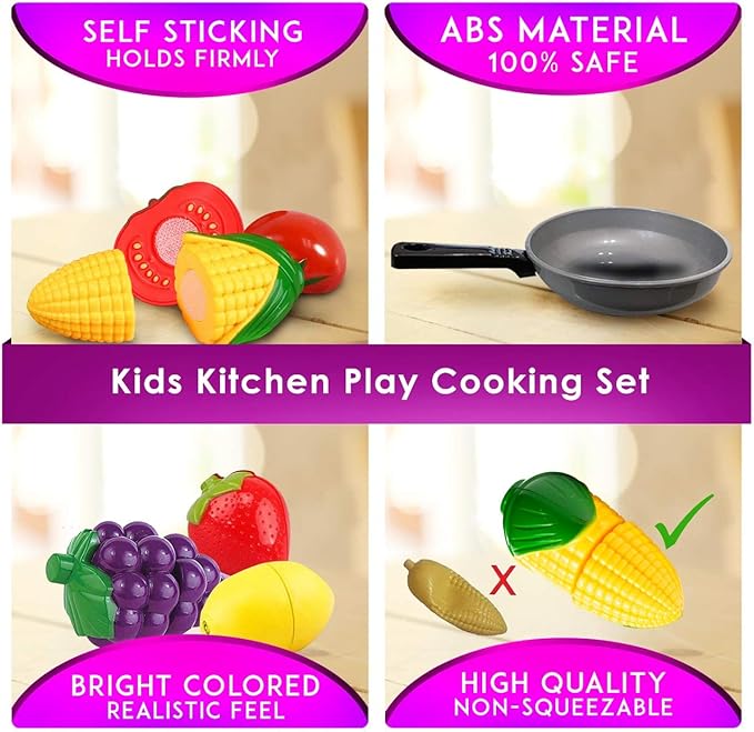 Play Cooking Pan with Cutting Fruits & Vegetables and Play Kitchen Utensils - Slice up Food with Knife & Cutting Board – Cooking Toyset for Toddlers Boys and Girls - Fake Food Pretend Pot Toy Kitchen