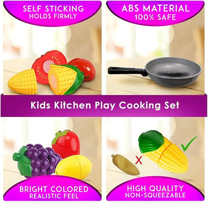 Play Cooking Pan with Cutting Fruits & Vegetables and Play Kitchen Utensils - Slice up Food with Knife & Cutting Board – Cooking Toyset for Toddlers Boys and Girls - Fake Food Pretend Pot Toy Kitchen