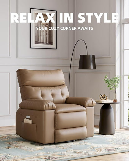 Electric Recliner Chair - 360° Rocker Swivel Recliner with Heat and Massage, PU Leather Large Power Recliner for Adults, Comfortable Lazy Chair with 1.5X Sponge Filling for Living Room, Tan