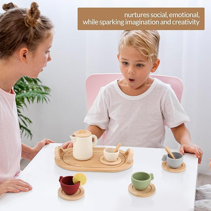 Silicone Tea Set Kids, Toddler Tea Sets for Little Girls 3-5, Pretend Party Play Toys Kitchen Accessories for Boys with Soft Teapot Cups Wooden Saucers