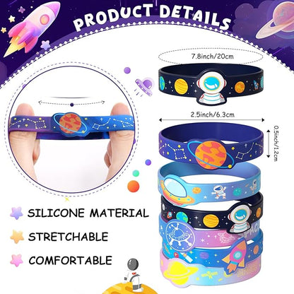 24 Outer Space Party Favors Birthday Supplies Galaxy Astronaut Silicone Bracelets Bulk Kids Boy Girl Toy Gift for Goodie Bag Stuffer Class Prize Christmas Easter Space Themed Party Favors