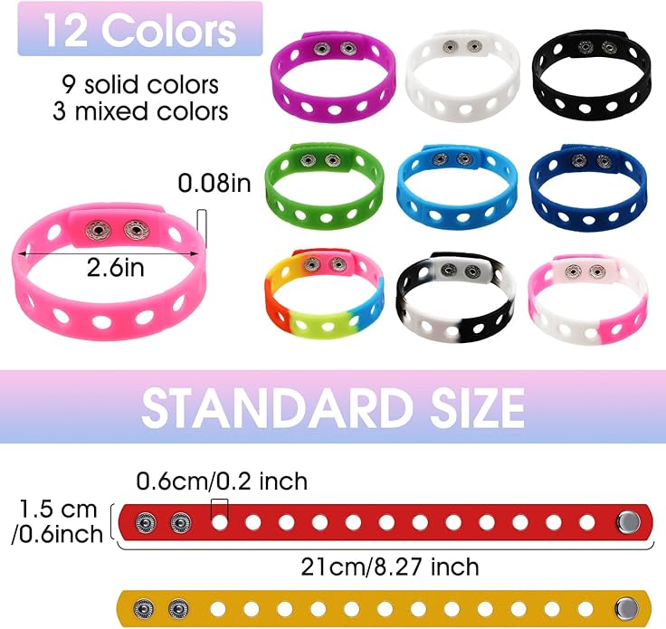 MTLEE 12 Pieces Silicone Wristbands Adjustable Rubber Bracelets Colorful Cute Charm Bracelets with Holes for Shoe Charm Boys Girls Birthday Party Award