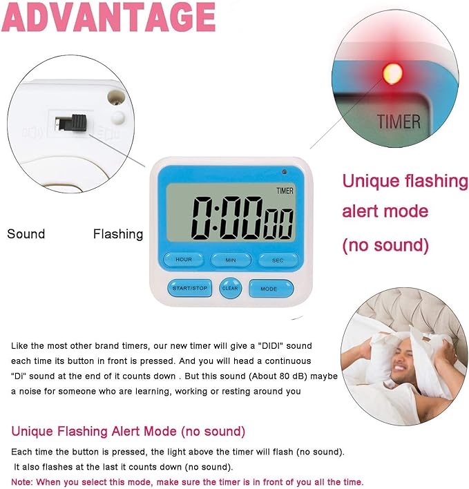 24-Hours Digital Kitchen Timer, Upgraded 12-Hour Display Clock, Big Digits, Loud Alarm, Magnetic Backing Stand, Count-Up & Count Down, Kids Timers for Cooking Baking Classroom Teachers Games(4 Pack)