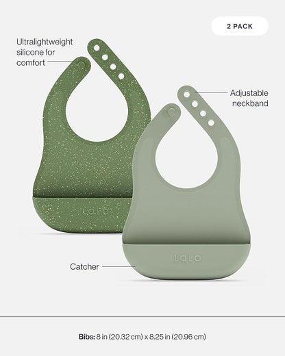 Lalo First Bites Silicone Baby Feeding Set - Baby Led Weaning Supplies - Non-Toxic Silicone - Includes 2 Bibs, 2 Spoons, Training Cup, Suction Plate and Bowl - 6 Pieces - Sage