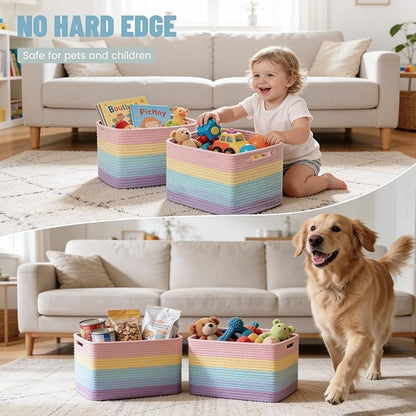5 Pack Rainbow Woven Storage Baskets for Shelves, Decorative Toy Baskets Organizer for Kids Room, Nursery, Playroom, Classroom – Colorful Cotton Rope Toy Storage Bins for Organizing & Decor