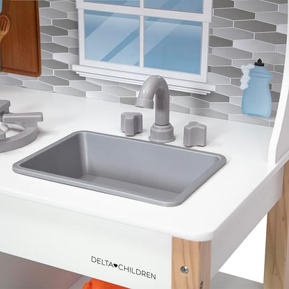 Delta Children Tiny Chef Play Kitchen - Toy Kitchen Playset with Realistic Knobs That Turn/Click, Oven, Sink, Microwave and 15 Pieces of Play Food, Pink