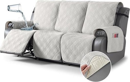 TAOCOCO 100% Waterproof Recliner Sofa Cover, Non Slip Split Couch Covers for Reclining Couches with Elastic Straps, Washable Reclining Sofa Cover Furniture Protector for Kids Pets(3 Seater, Off White)