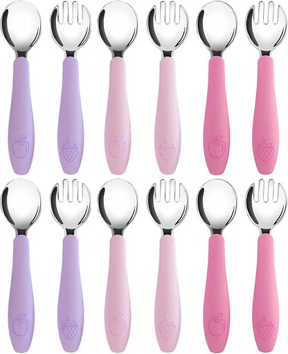 CHILLOUT LIFE Toddler Utensils, Kids Silverware with Silicone Handle, Stainless Steel Metal Toddler Forks and Spoons Safe Baby Cutlery Set for Self Feeding BPA Free Dishwasher Safe - 12 Piece