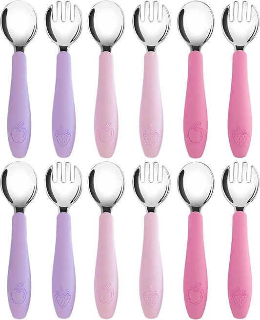 CHILLOUT LIFE Toddler Utensils, Kids Silverware with Silicone Handle, Stainless Steel Metal Toddler Forks and Spoons Safe Baby Cutlery Set for Self Feeding BPA Free Dishwasher Safe - 12 Piece