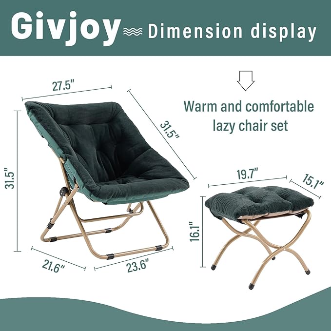 Comfy Saucer Chair with Ottoman, Oversized Folding Faux Fur Chair Soft Furry Lounge Lazy Chair with Metal Frame Moon Chair Accent Chair for Bedroom, Living Room, Dorm Rooms