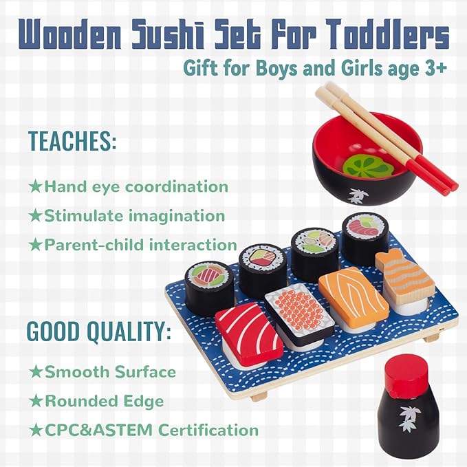 Sushi Slicing Play Food Set, Wooden Pretend Play Kitchen Toys for Kids 3+, Sushi Food Play Learning Toy for Girls Boys