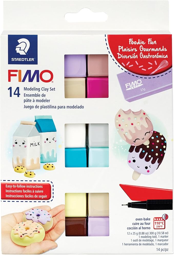 STAEDTLER FIMO Soft Polymer Clay Set: Foodie Fun, 12 Half Blocks, Sculpting Tool and Marker - Oven Bake Modeling Clay, Non-Toxic, Arts and Crafts for Beginners