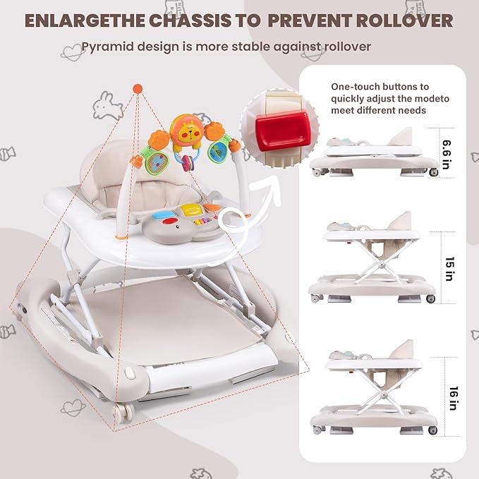 Boyro Baby Baby Walker, 5-in-1 Baby Walkers for Boys and Girls 6-12 Months with Bouncer, Removable Footrest, Feeding Tray & Music, Foldable & Adjustable Activity Walker for 6-18 Months Toddler Infant