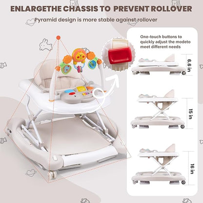 Boyro Baby Baby Walker, 5-in-1 Baby Walkers for Boys and Girls 6-12 Months with Bouncer, Removable Footrest, Feeding Tray & Music, Foldable & Adjustable Activity Walker for 6-18 Months Toddler Infant