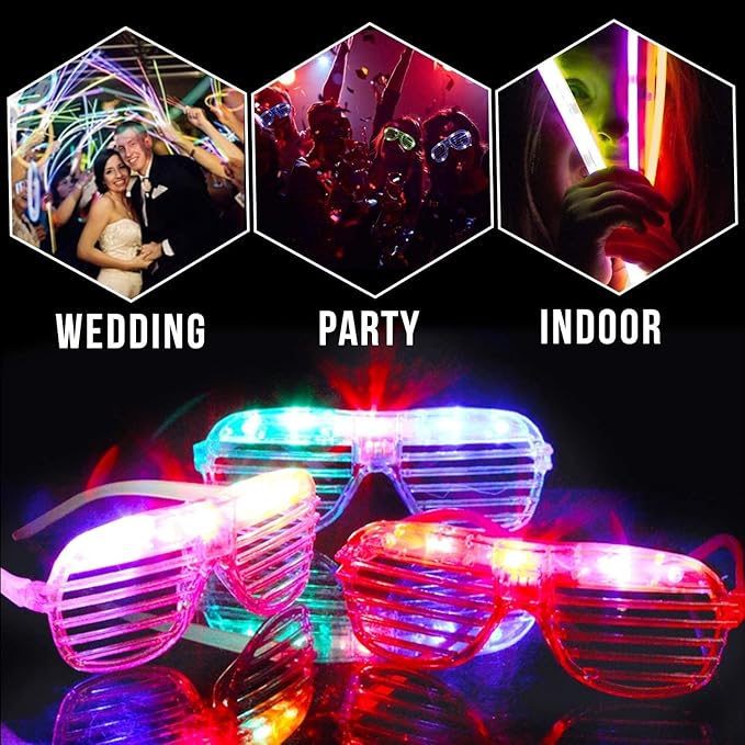 125 Pack Glow in the Dark Party Supplies with 100 Glow Sticks Bracelets and 25 Shutter Shades Flashing Glasses, LED Light Up Toys Neon Party Favors for Kid/Adult Birthday Wedding Carnival Concerts