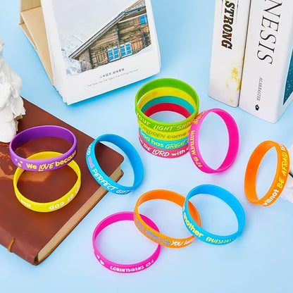 Gueevin 60 Pcs Bible Verse Bracelets for Kids Christian Scripture Bracelets Jesus Wristband Religious Motivational Bracelets Kids Sunday School Gifts Classroom Prizes(Classic Color)