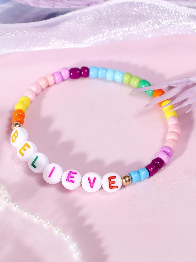 Lorfancy 24Pcs Beaded Bracelets for Girls Kids Toddler Jewelry Letter Beads Bracelet Bulk Rainbow Friendship Bracelets Colorful Princess Party Favors for Little Girls Ages 3 4 5 6 Years Old