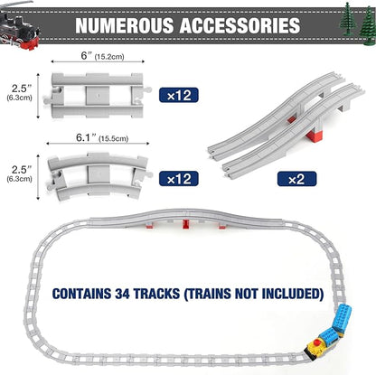34 Pieces Train Bridge Track, Classic Railway Track with 12 Curved Tracks, 12 Straight Tracks and Bridge Tracks - Compatible with All Major Brands, Toy Track Accessory for Kid, Light Grey