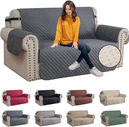 XINEAGE Loveseat Sofa Cover Waterproof Couch Covers for 2 Cushion Couch, Soft Washable Slipcover with Pockets & Non-Slip Elastic Straps, Thick Furniture Protector (Loveseat, Dark Grey)