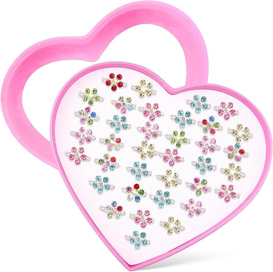 Little Girl Jewel Rings, Adjustable Pink Rings Girls Kids Pretend Play and Dress up Jewelry Set, Cute Rings with Display Case Party Favors Toys Gifts